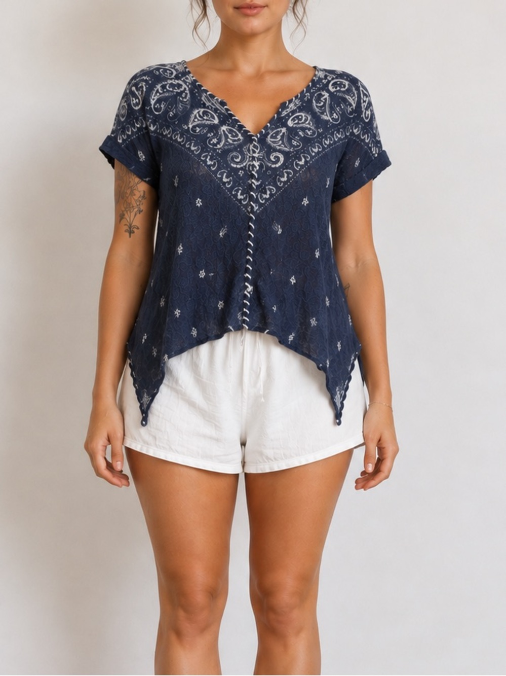 Sundance 100% Cotton Bandana Print Handkerchief Hem Knit Top Boho Cottagecore